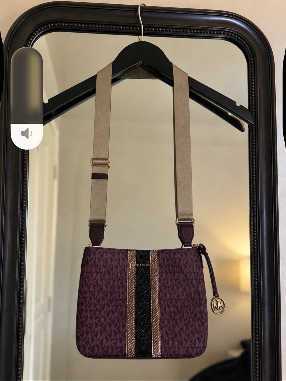Michael Kors Plum Signature Crossbody with Beige Strap and Gold Accent